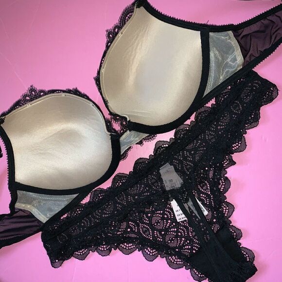 Victoria's Secret 36D BRA SET+garter TEDDY+L thong+ROBE BLACK embroidered lace - Picture 6 of 8